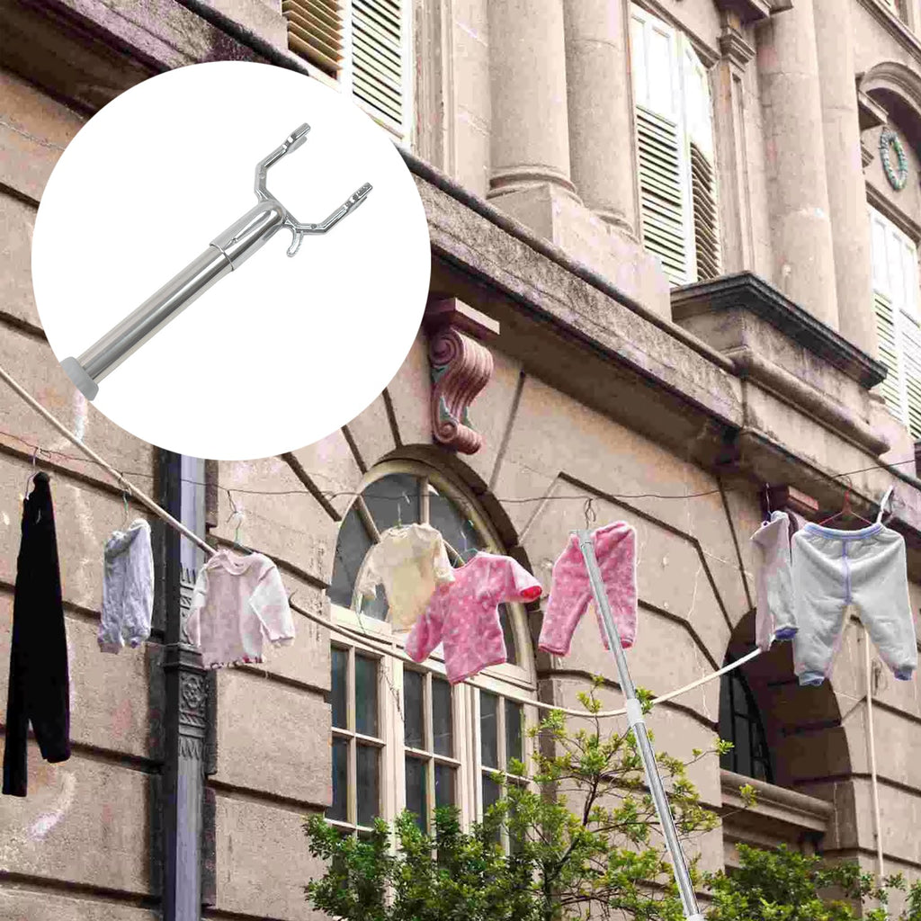 Stainless steel telescopic clothes hook with a robust grip handle.