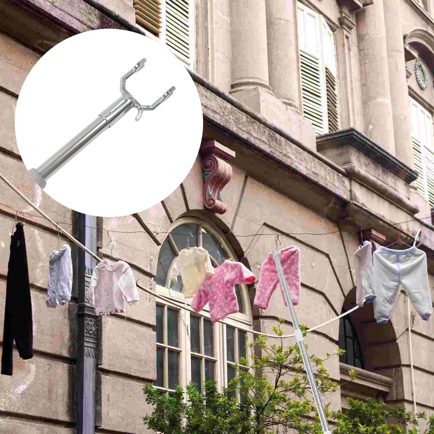 Stainless steel telescopic clothes hook with a robust grip handle.