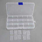 Compact and portable 15-grid plastic organiser for rings, earrings, and small trinkets.