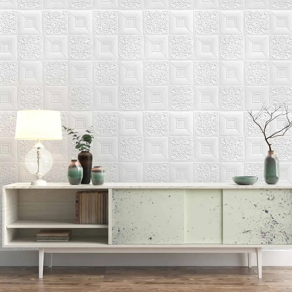 Soft foam tiles used as a protective and decorative element in a living room.