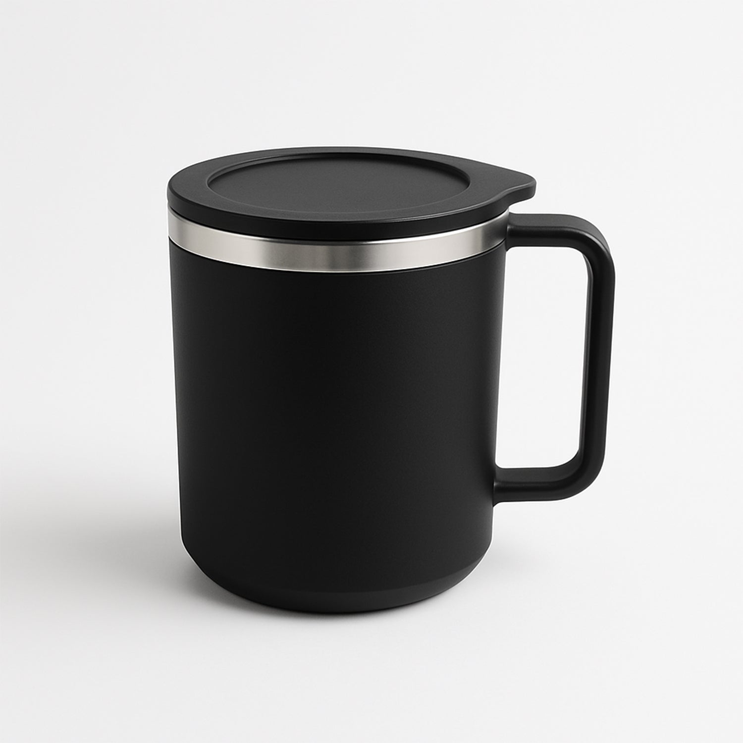 Side view of the 400ml insulated coffee mug, showcasing its durable plastic outer.
