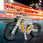 Front view of the completed metal bike construction toy.