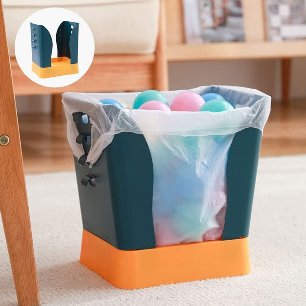 A blue and orange expandable waste bin with a secure bag holder, perfect for kitchens.