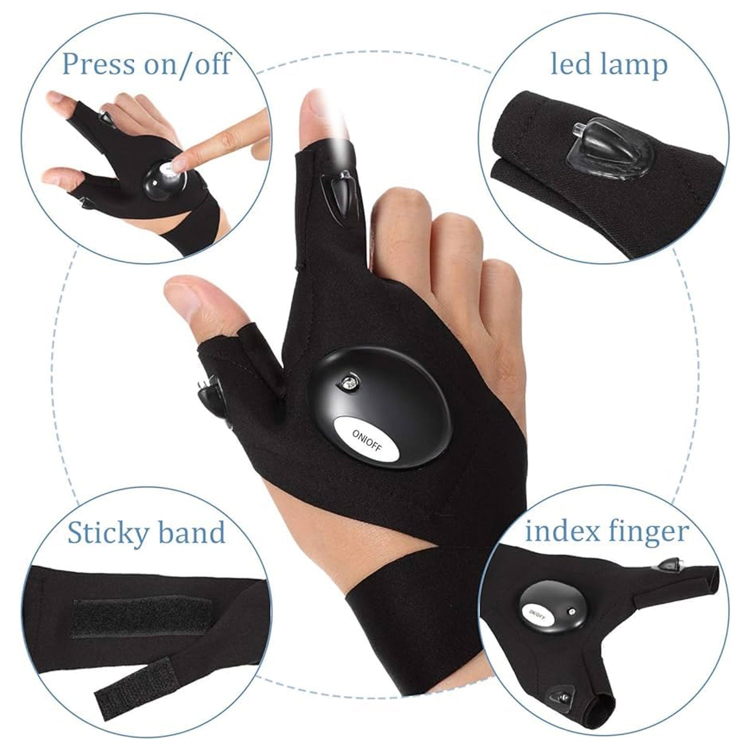 LED gloves with powerful glowing fingertips, ideal for low-light conditions.