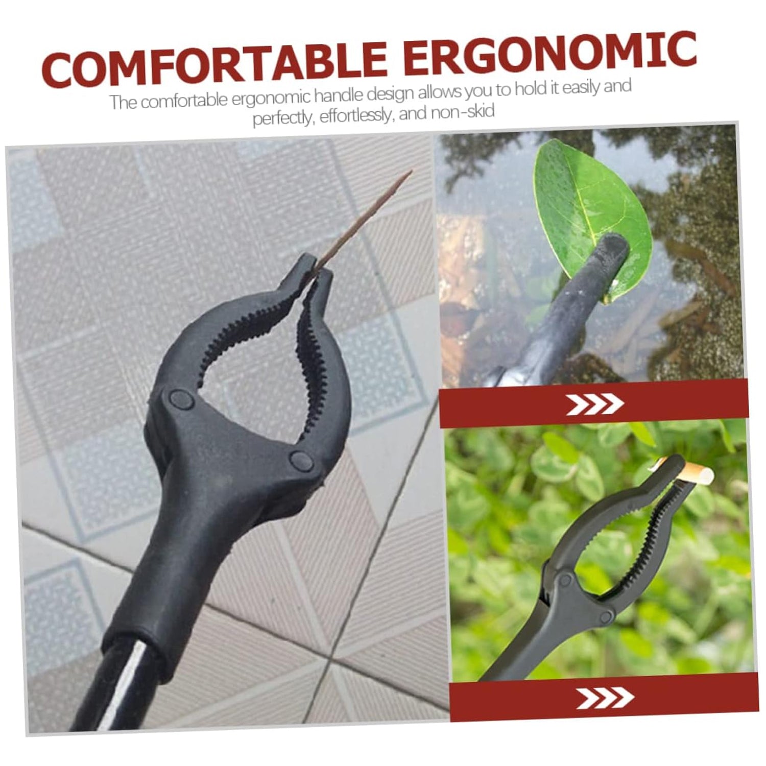 Trash picker tool assisting with garden cleanup and litter collection.