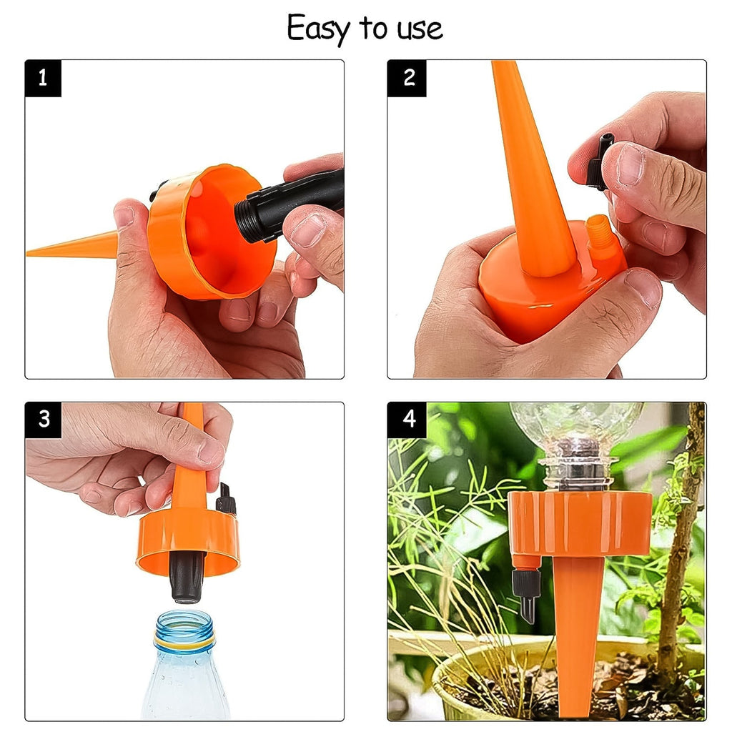 Easy-to-use self-watering spike attached to a plastic bottle.