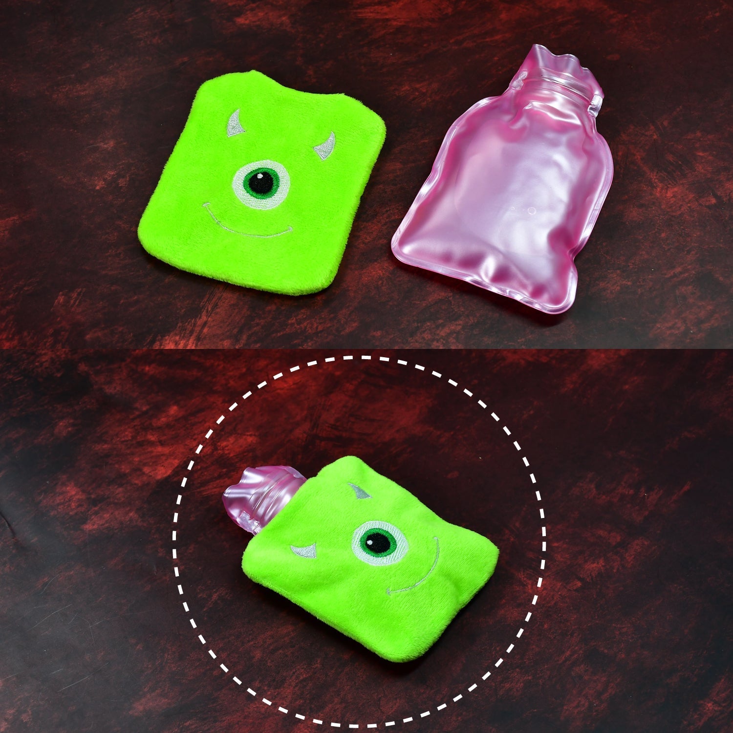 The natural rubber hot water bottle without its green monster print cover.