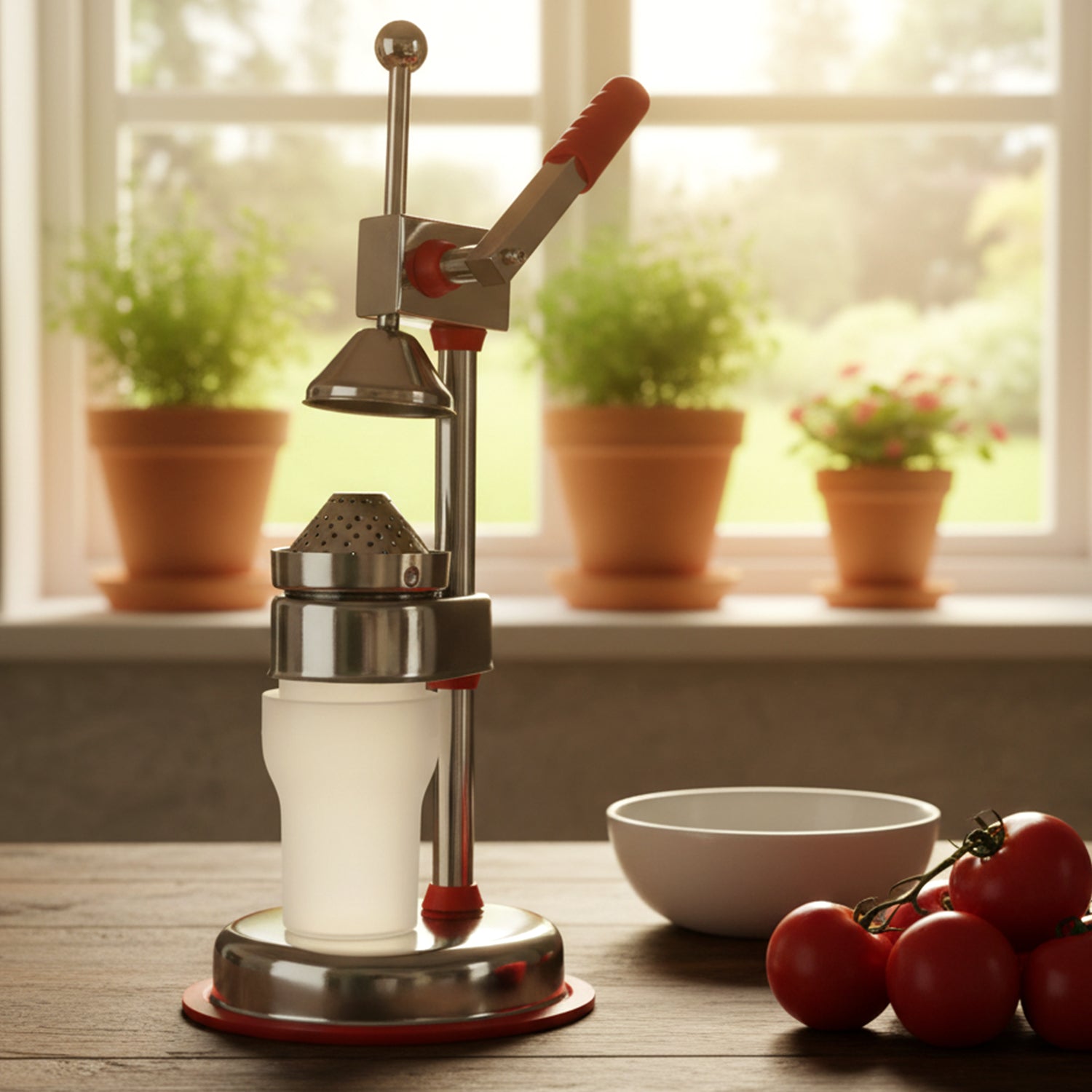 Manual citrus juicer side view showing compact design