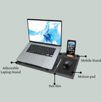 Foldable laptop stand supporting a notebook, showing the integrated phone holder.