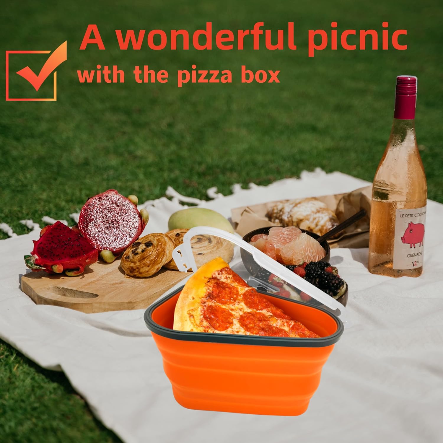 Expanded pizza storage container showcasing its capacity to hold up to five pizza slices with trays.