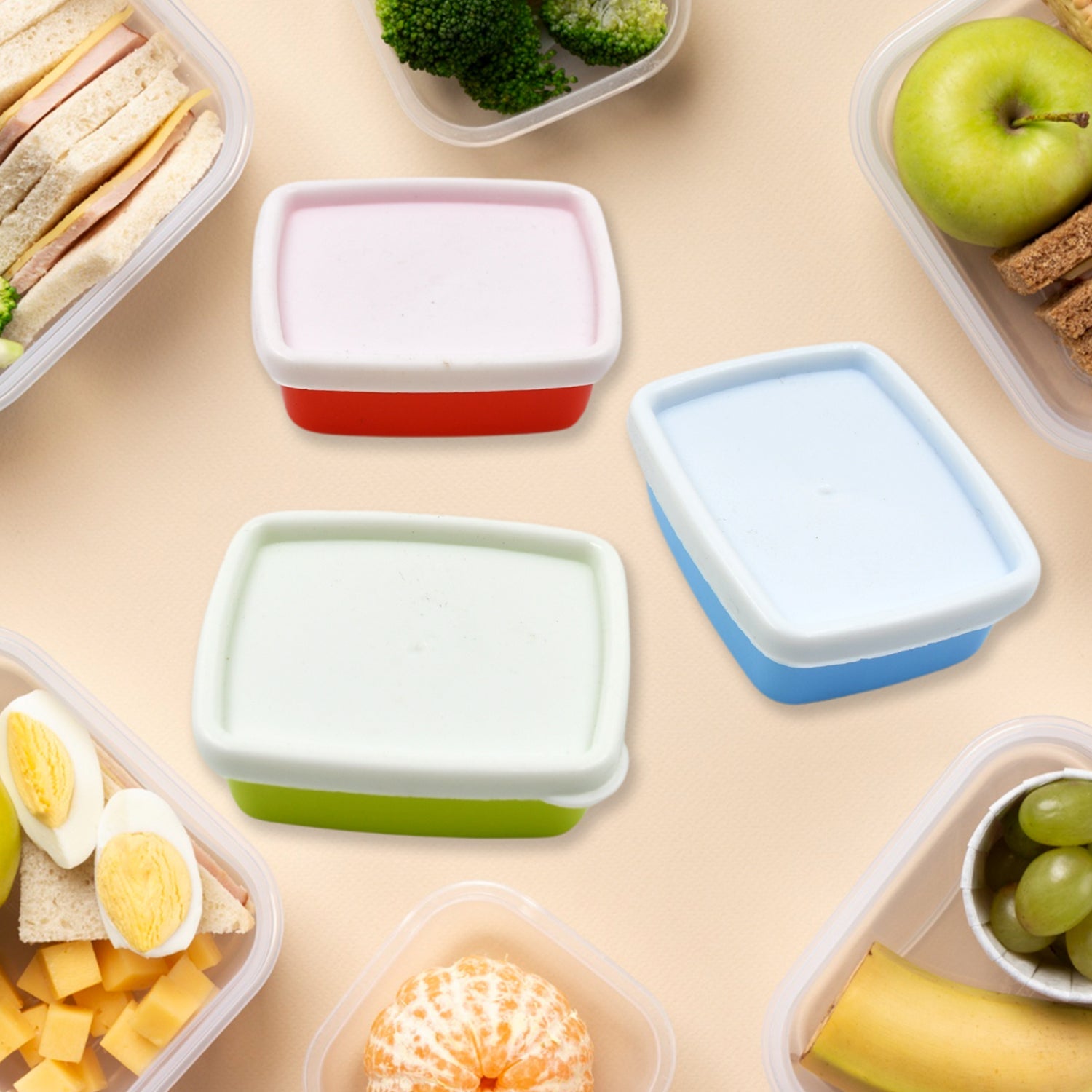 Full set of rectangular multicolor airtight food containers with lids.