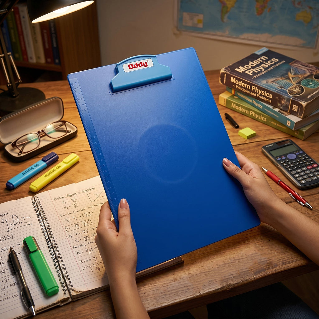 Lightweight blue plastic clipboard with smooth surface for writing or drawing