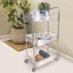 Close-up of transparent plastic baskets on 3-layer storage trolley