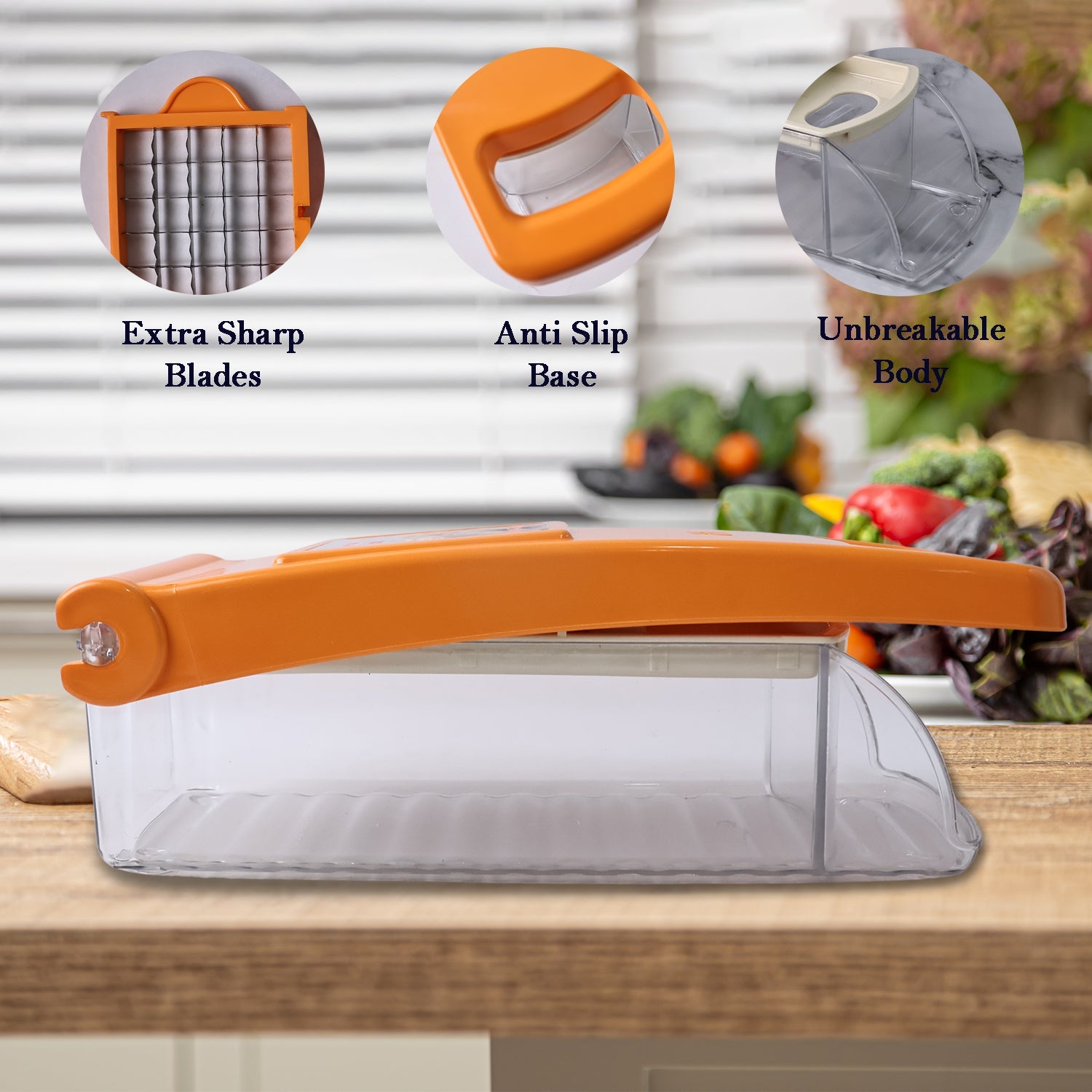 Side view of Vegetable & Fruit Chopper highlighting ergonomic handle and compact design