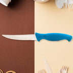 Close-up of durable stainless steel kitchen knife blade and handle