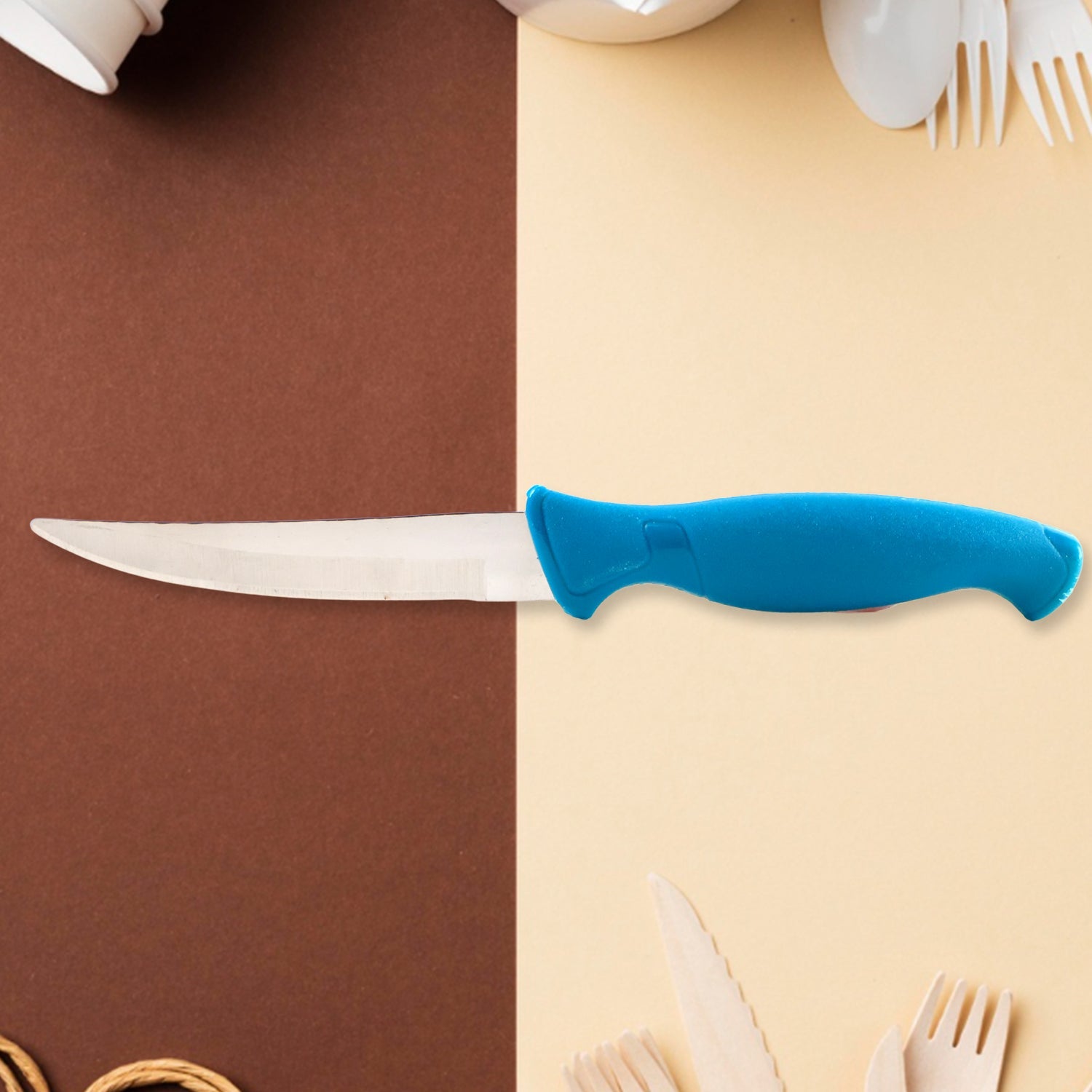 Close-up of durable stainless steel kitchen knife blade and handle