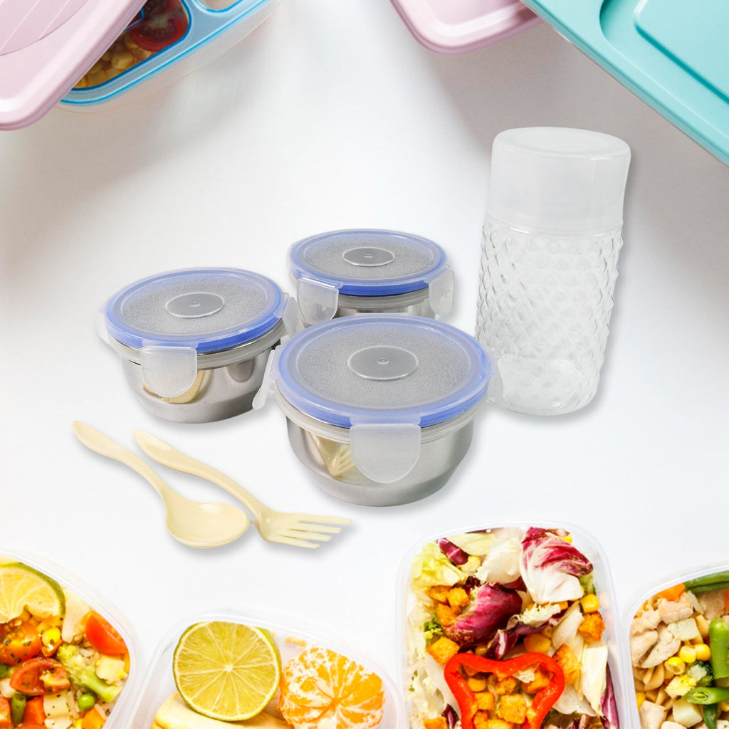 Individual components of the 4-piece lunch box set including containers and bottle.