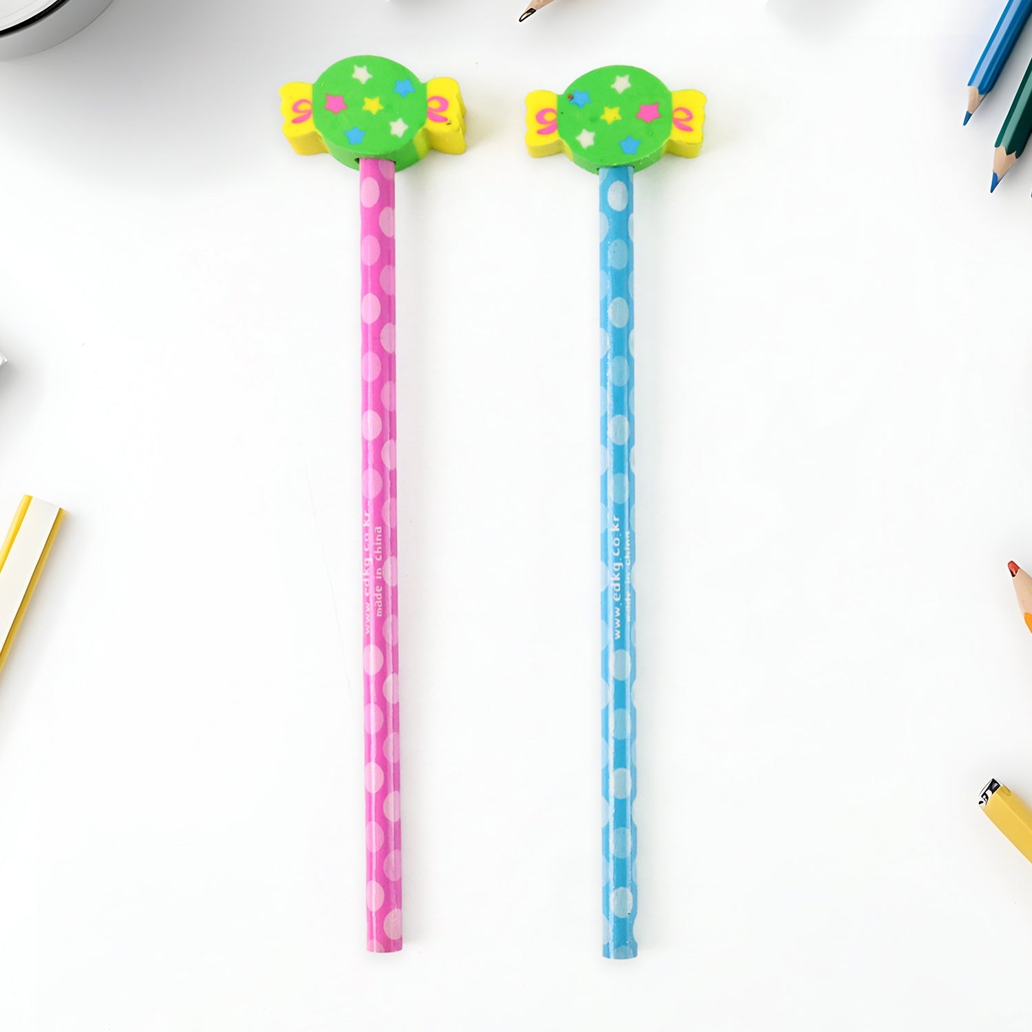 Pencils and candy-themed accessories from fun kids stationery set