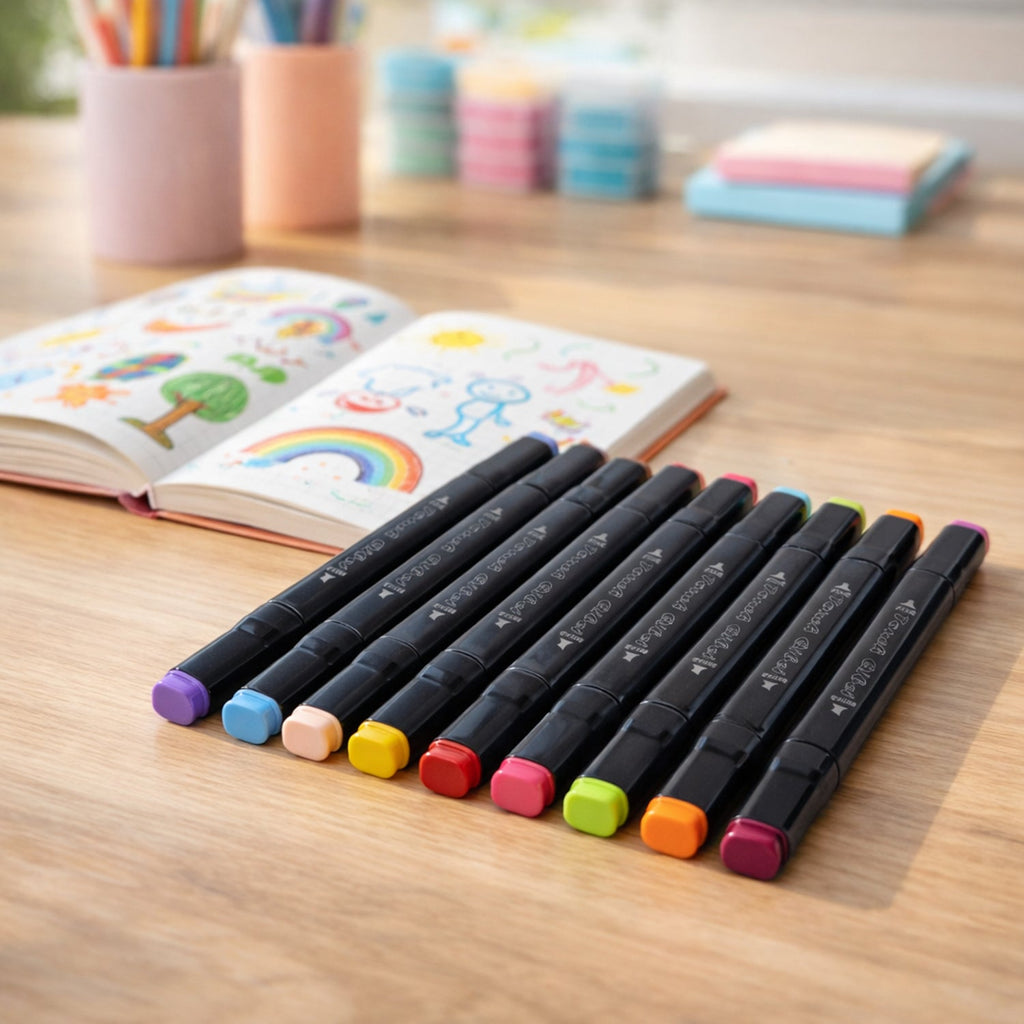 Close-up of dual tip sketch markers in vibrant colors