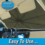 Driver demonstrating easy installation of the windshield umbrella for car.