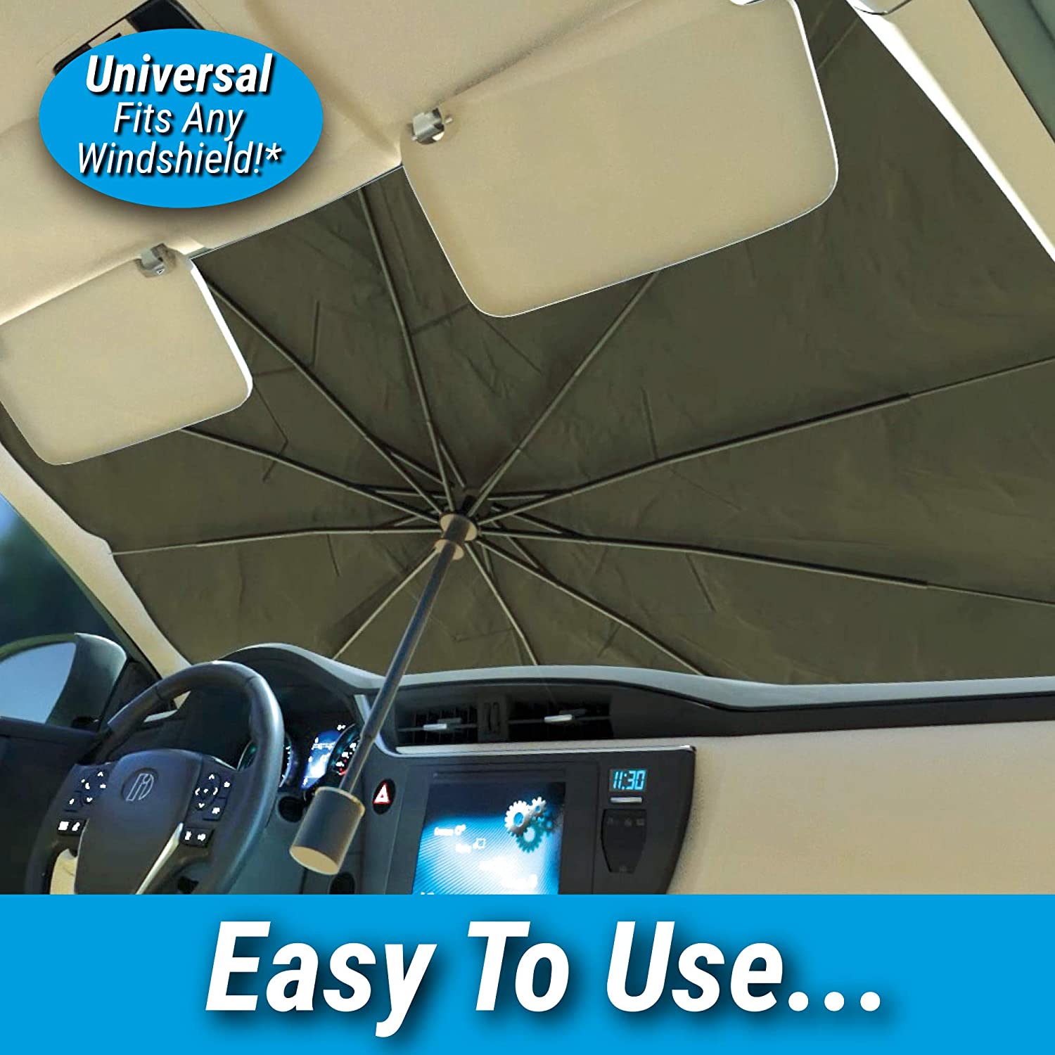 Driver demonstrating easy installation of the windshield umbrella for car.