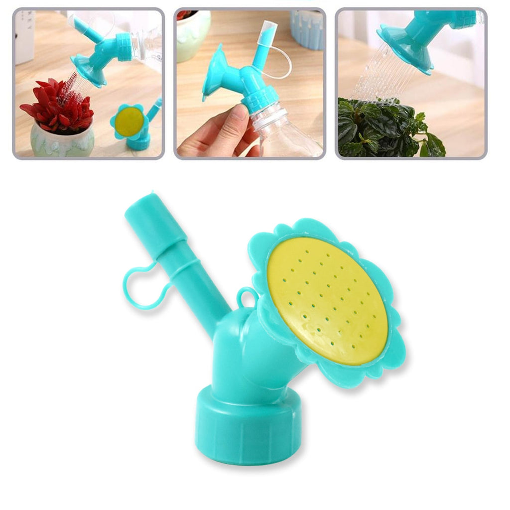Water flow from plastic bottle nozzle sprinkler head for gentle plant watering