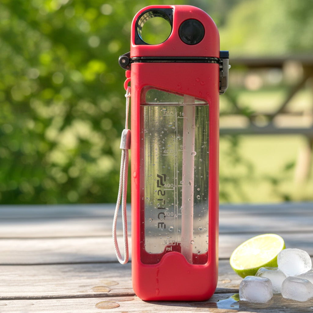 Sports water bottle red color with ergonomic grip and attached carry strap