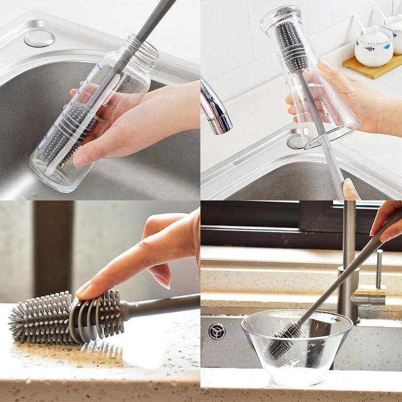 Demonstration of the flexible silicone Bottle Cleaning Brush cleaning a water bottle.