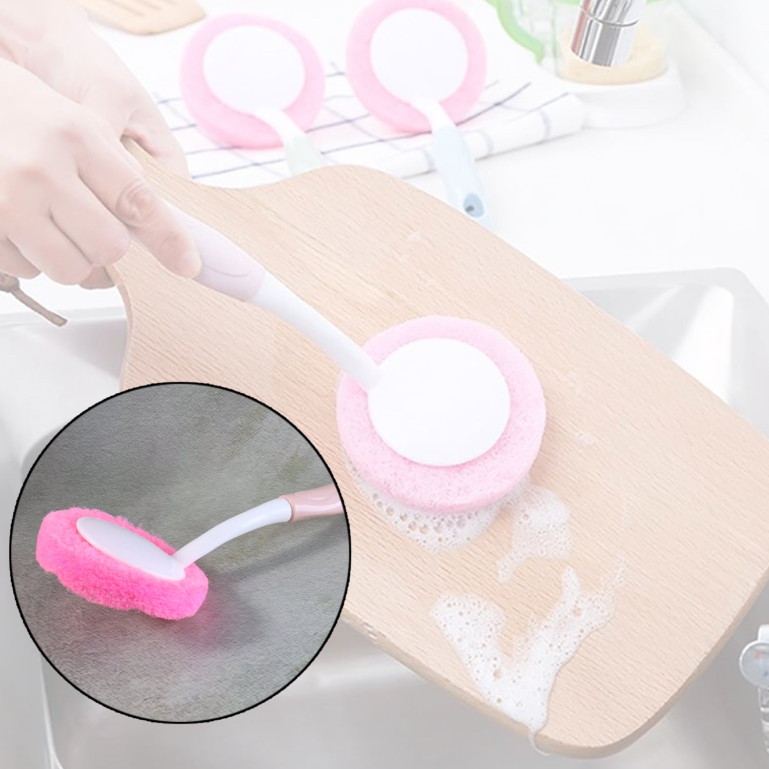 Dish scrubber brush designed for thorough kitchen cleaning with long handle