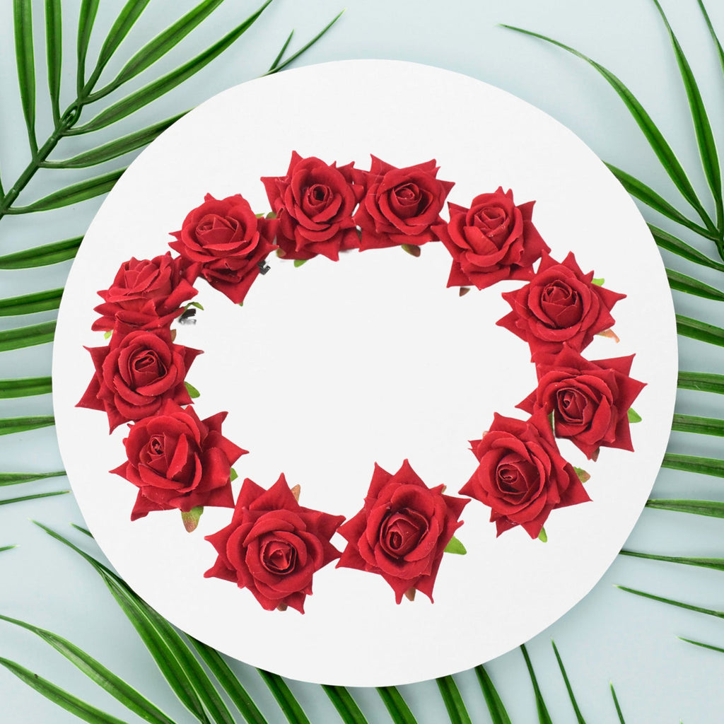 Back view of the red velvet rose hair clip, showing the secure clasp mechanism.