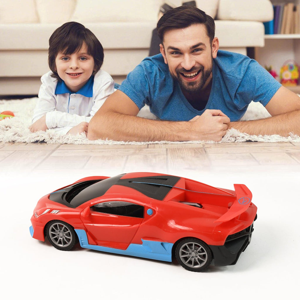 Side profile of vibrant red High-Speed RC Sports Car with blue accents