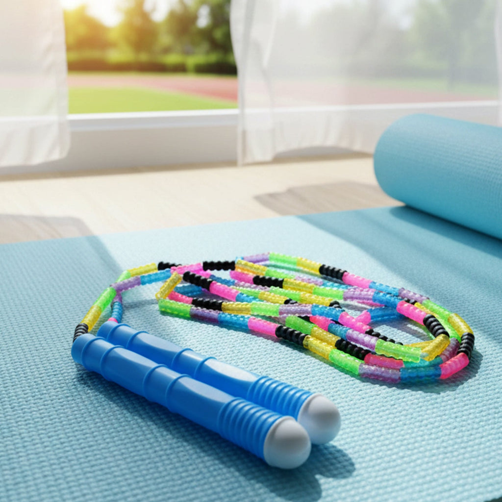 Beaded skipping rope laid out on surface showing colorful beads and handles