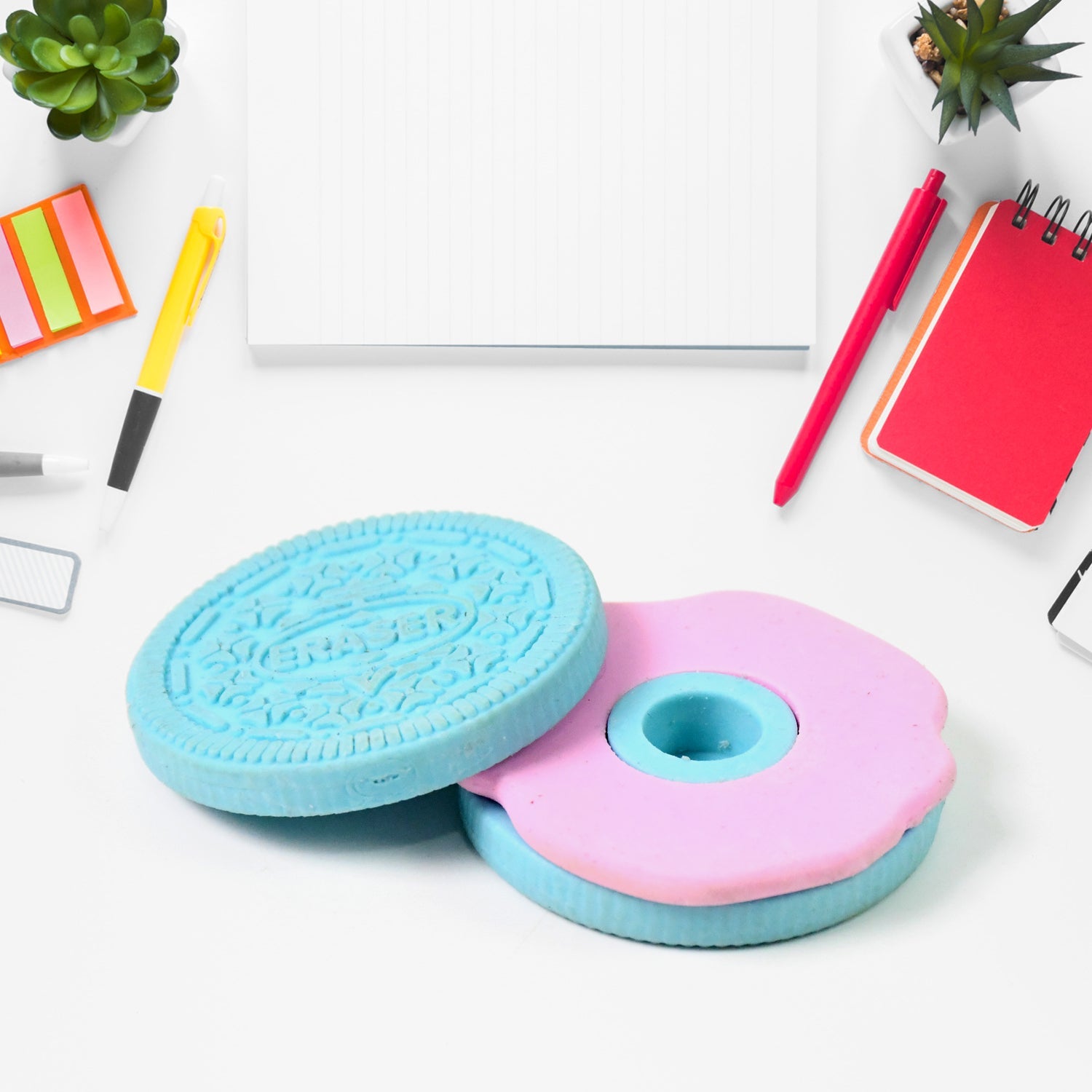 Top view of a unique biscuit-shaped eraser, ideal for children's school supplies.