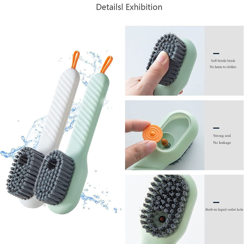 Scrubbing brush with dispenser releasing liquid soap for easy cleaning.