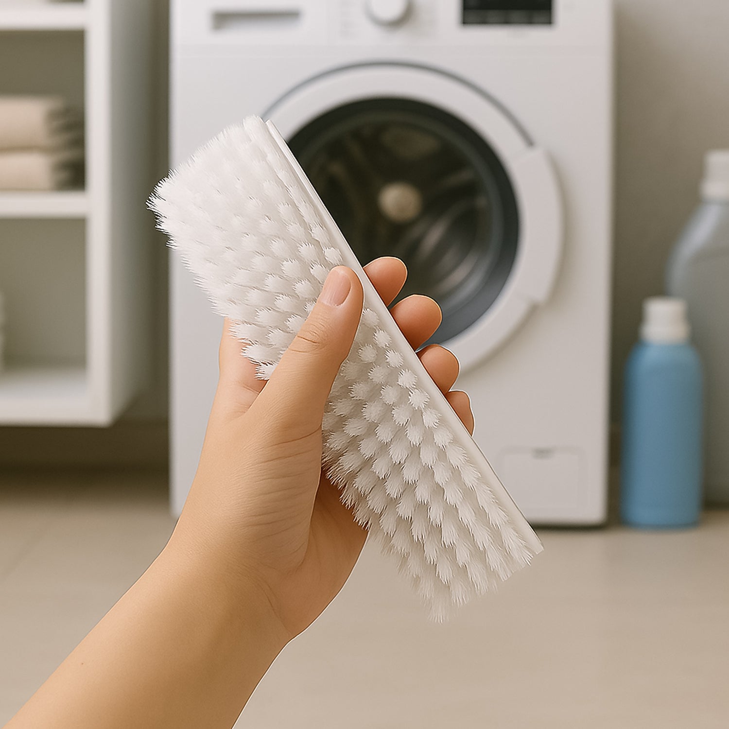 Close view of wood-finished handle and nylon bristles on Veepee cleaning brush