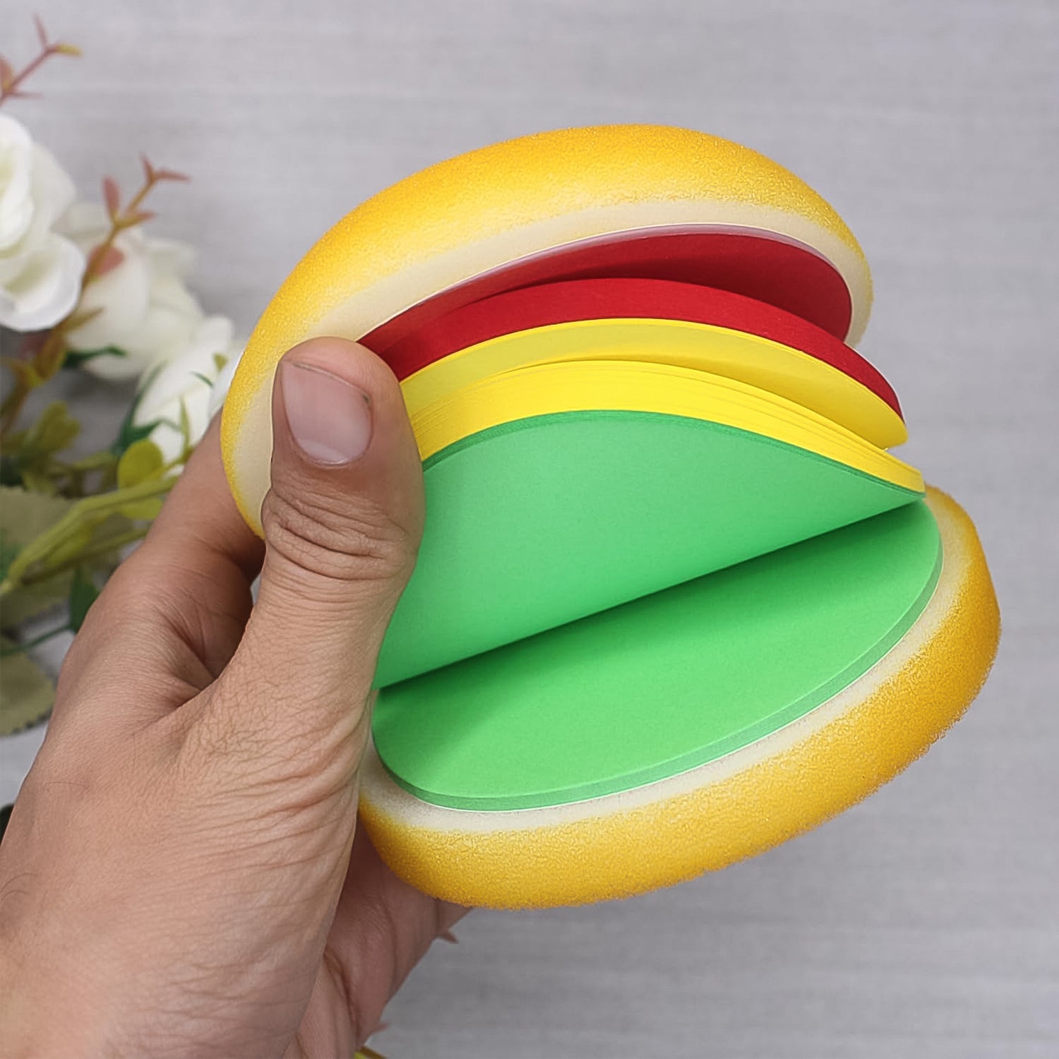 Detail shot of the Burger Shaped Sticky Notes, emphasizing the paper quality and layered design.