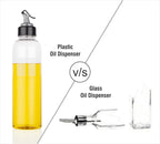 Close-up of the easy-to-use spout on the 1 litre transparent plastic oil dispenser.