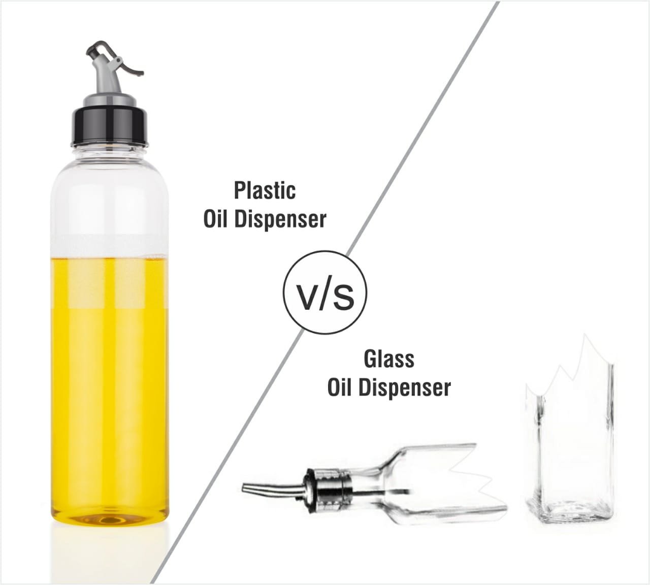 Close-up of the easy-to-use spout on the 1 litre transparent plastic oil dispenser.