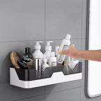 Plastic shower caddy filled with everyday toiletries like body wash and shampoo.