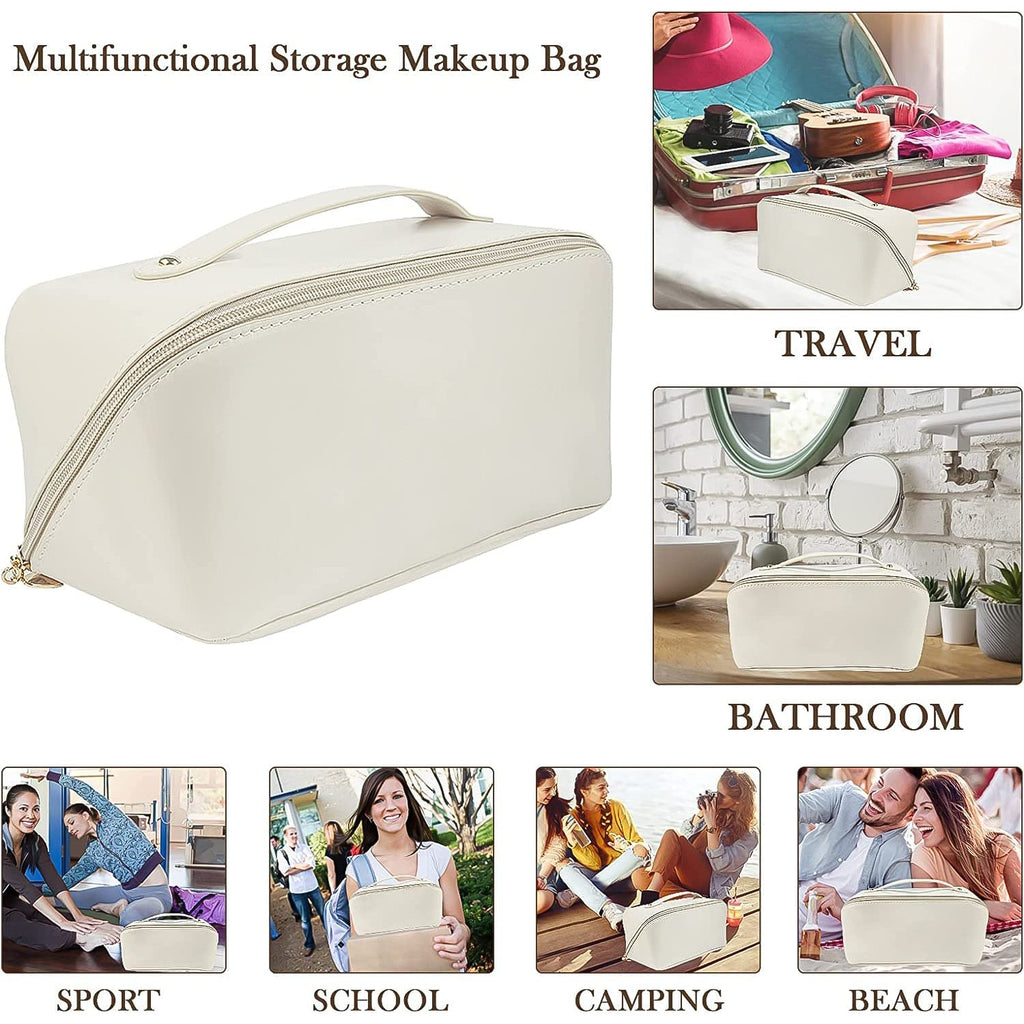 Premium cream travel makeup pouch featuring multiple compartments and zipper