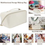 Premium cream travel makeup pouch featuring multiple compartments and zipper