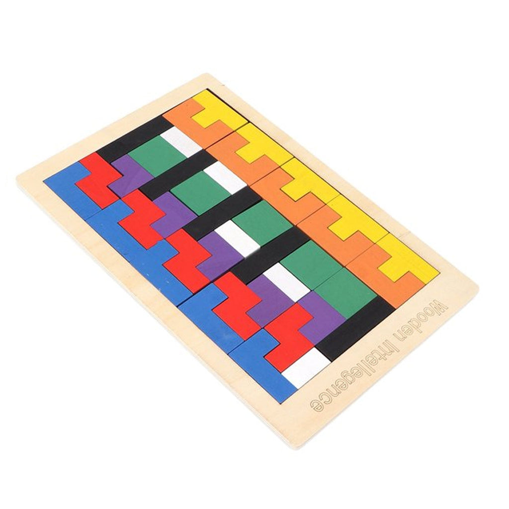 Top-down view of a completed wooden blocks puzzle, displaying its geometric patterns.