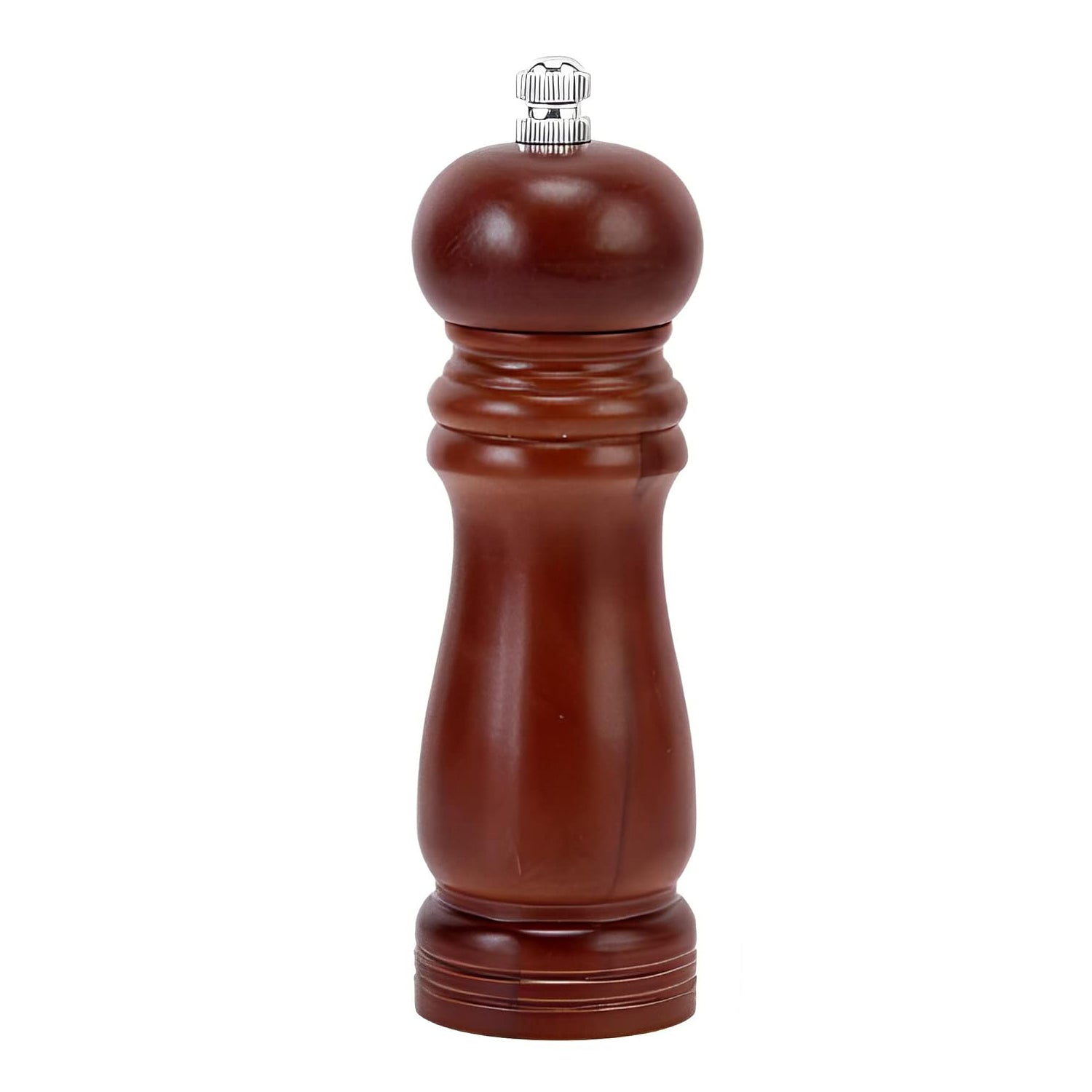 Side profile of the ergonomic wooden pepper mill, designed for comfortable and efficient spice grinding.
