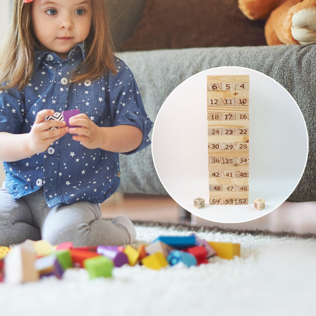 Tall wooden tumbling tower ready to play stacking game