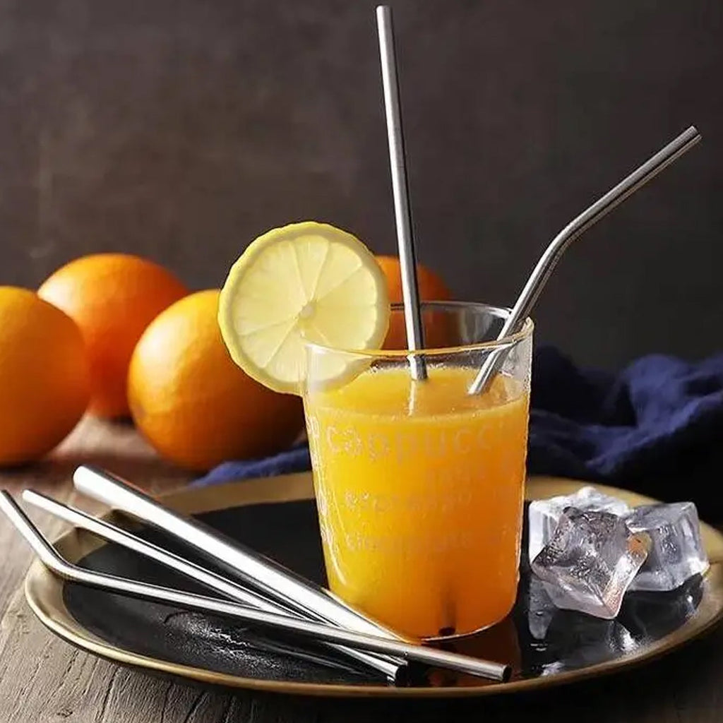 Reusable stainless steel straws neatly stored in their compact travel case.
