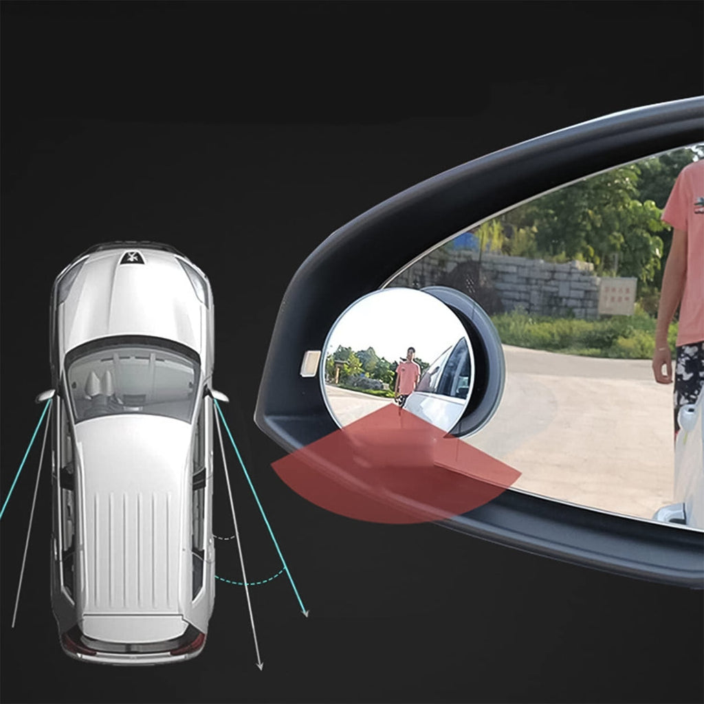 Diagram illustrating the expanded field of view provided by a car blind spot mirror.