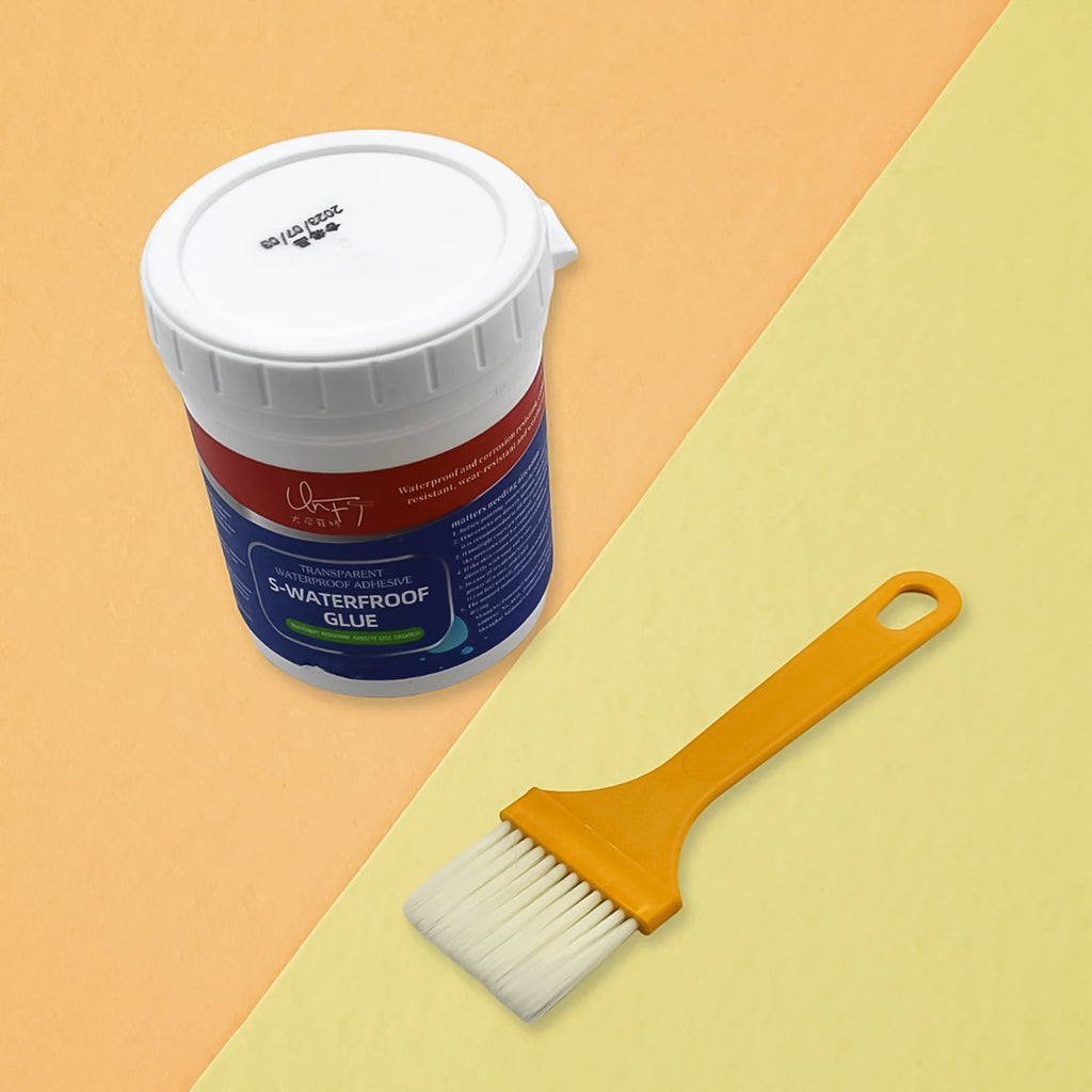 Waterproof sealant gel with a brush applicator, perfect for sealing roofs and windows.