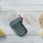 Close-up of soap holder lid and detachable drain tray for hygiene