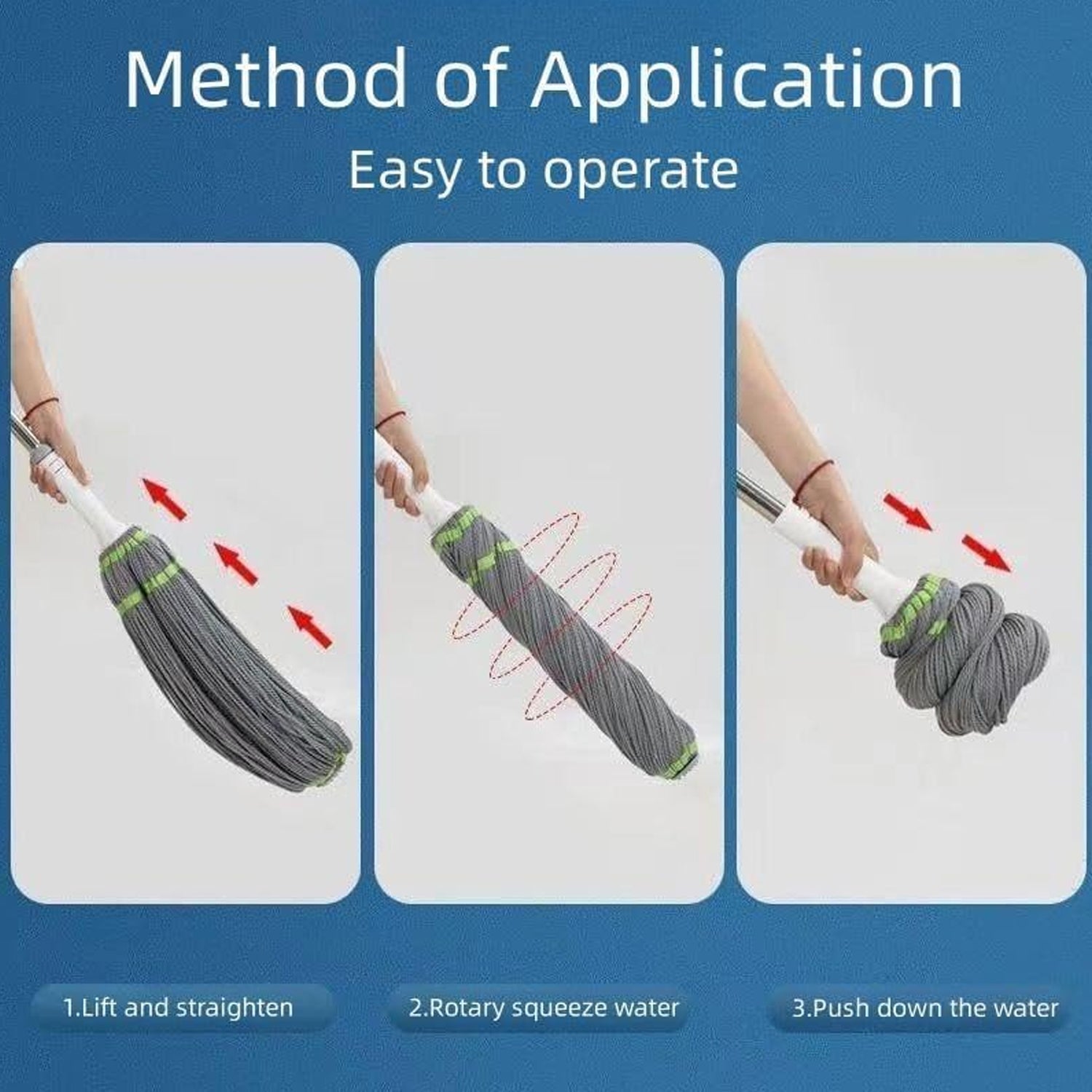 Alternative angle of stainless steel handle and microfiber mop head for home cleaning