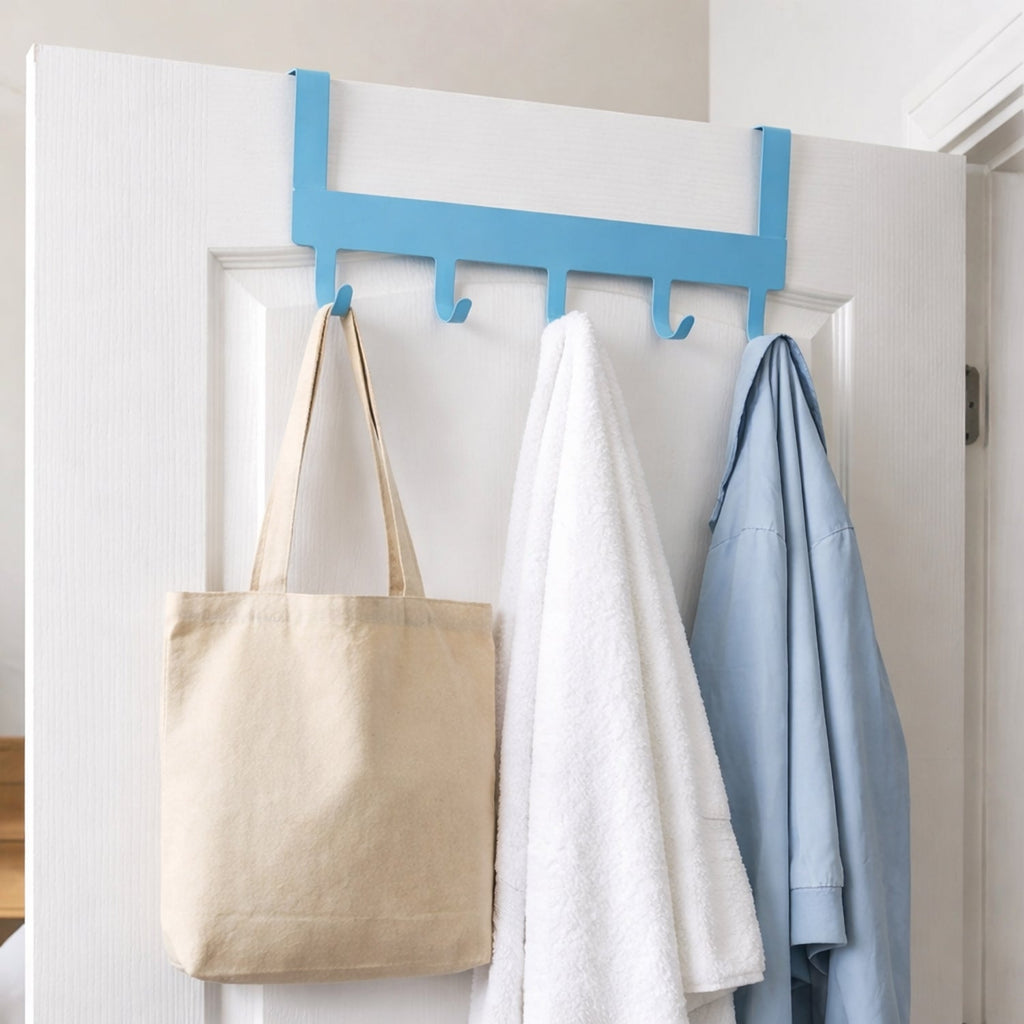 Metal hook hanging rack holding towels in bathroom